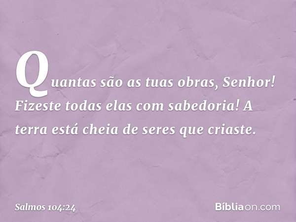 Quantas são as tuas obras, Senhor!
Fizeste todas elas com sabedoria!
A terra está cheia de seres que criaste. -- Salmo 104:24