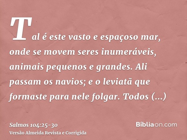 Tal é este vasto e espaçoso mar, onde se movem seres inumeráveis, animais pequenos e grandes.Ali passam os navios; e o leviatã que formaste para nele folgar.Tod