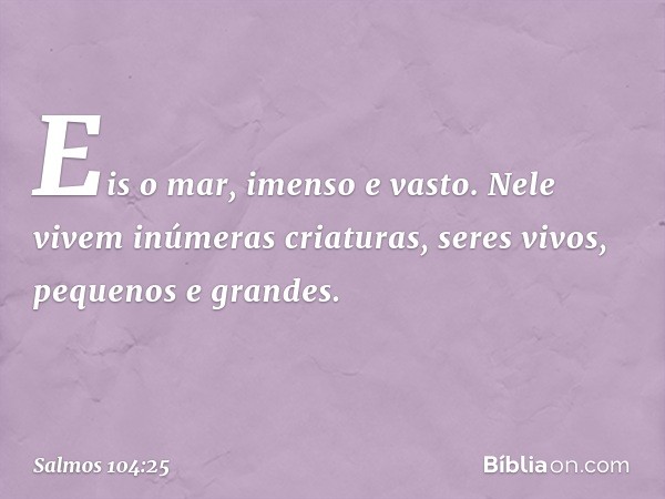 Eis o mar, imenso e vasto.
Nele vivem inúmeras criaturas,
seres vivos, pequenos e grandes. -- Salmo 104:25