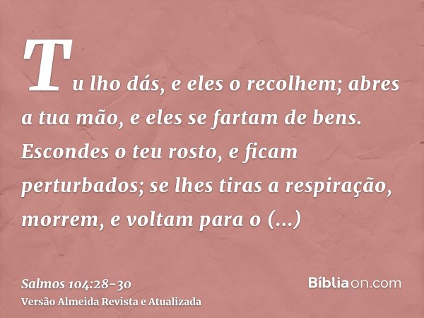 Tu lho dás, e eles o recolhem; abres a tua mão, e eles se fartam de bens.Escondes o teu rosto, e ficam perturbados; se lhes tiras a respiração, morrem, e voltam