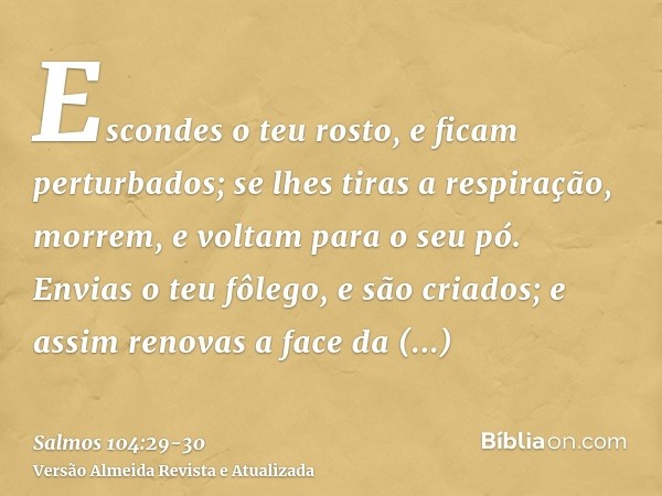 Escondes o teu rosto, e ficam perturbados; se lhes tiras a respiração, morrem, e voltam para o seu pó.Envias o teu fôlego, e são criados; e assim renovas a face