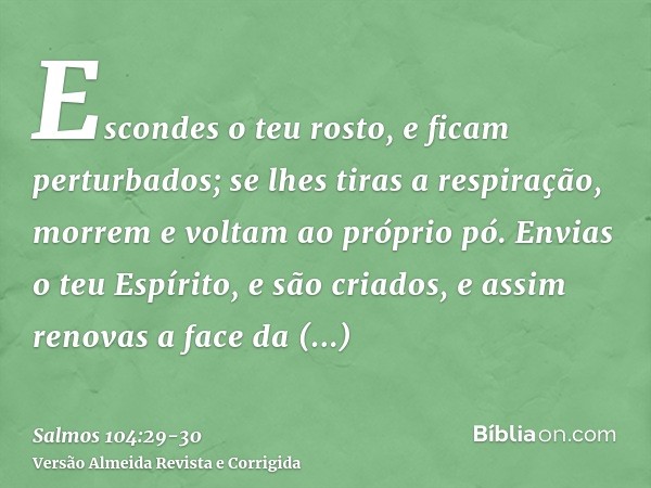 Escondes o teu rosto, e ficam perturbados; se lhes tiras a respiração, morrem e voltam ao próprio pó.Envias o teu Espírito, e são criados, e assim renovas a fac