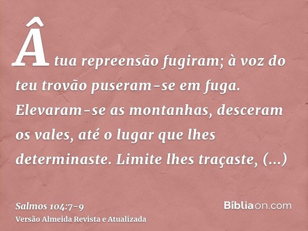 Â tua repreensão fugiram; à voz do teu trovão puseram-se em fuga.Elevaram-se as montanhas, desceram os vales, até o lugar que lhes determinaste.Limite lhes traç