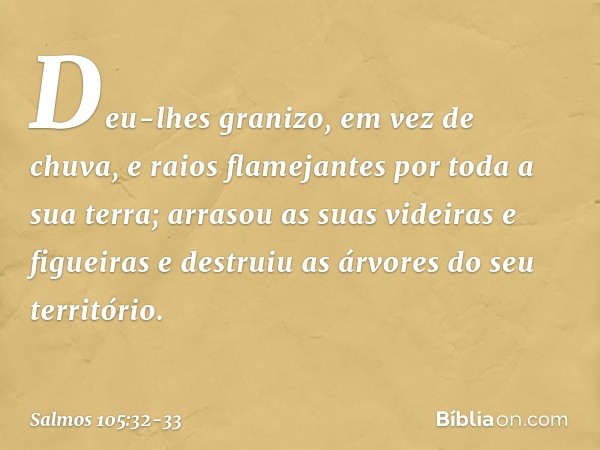 Deu-lhes granizo, em vez de chuva,
e raios flamejantes por toda a sua terra; arrasou as suas videiras e figueiras
e destruiu as árvores do seu território. -- Sa