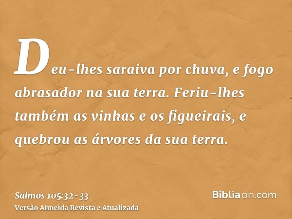 Deu-lhes saraiva por chuva, e fogo abrasador na sua terra.Feriu-lhes também as vinhas e os figueirais, e quebrou as árvores da sua terra.