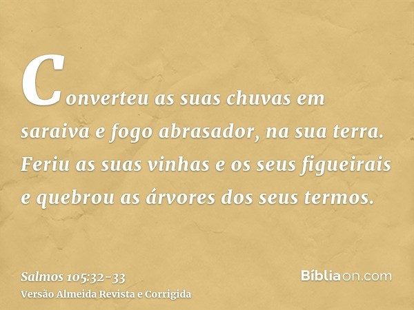 Converteu as suas chuvas em saraiva e fogo abrasador, na sua terra.Feriu as suas vinhas e os seus figueirais e quebrou as árvores dos seus termos.