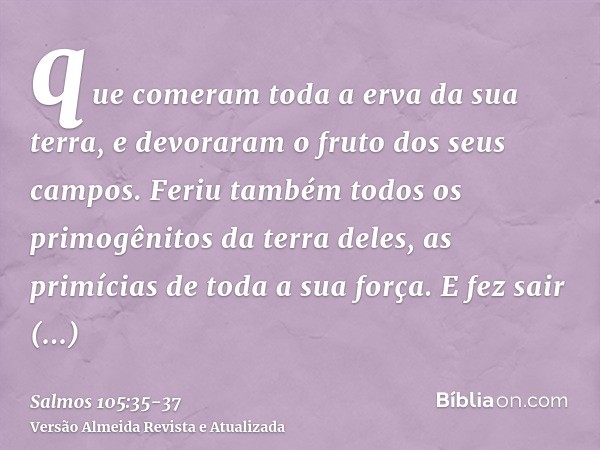que comeram toda a erva da sua terra, e devoraram o fruto dos seus campos.Feriu também todos os primogênitos da terra deles, as primícias de toda a sua força.E 