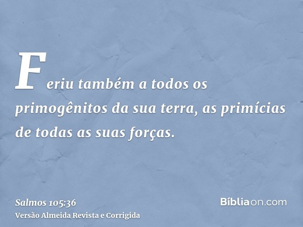 Feriu também a todos os primogênitos da sua terra, as primícias de todas as suas forças.