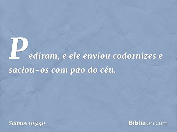 Pediram, e ele enviou codornizes
e saciou-os com pão do céu. -- Salmo 105:40