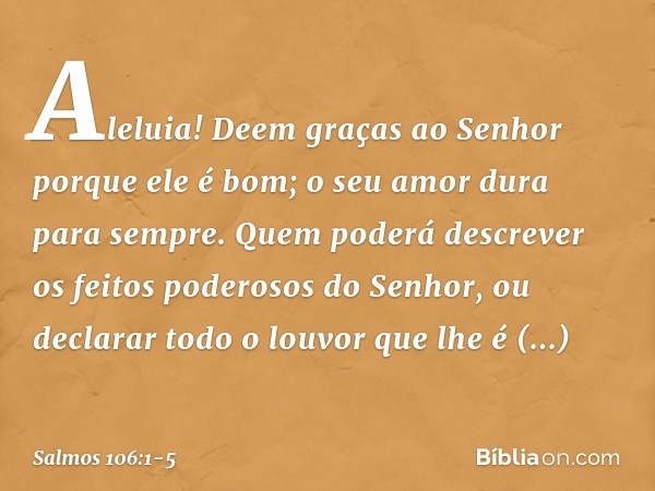 Aleluia!
Deem graças ao Senhor porque ele é bom;
o seu amor dura para sempre. Quem poderá descrever
os feitos poderosos do Senhor,
ou declarar todo o louvor que