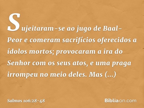 Sujeitaram-se ao jugo de Baal-Peor
e comeram sacrifícios oferecidos
a ídolos mortos; provocaram a ira do Senhor
com os seus atos,
e uma praga irrompeu no meio d