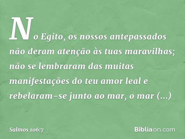 No Egito, os nossos antepassados
não deram atenção às tuas maravilhas;
não se lembraram das muitas manifestações
do teu amor leal
e rebelaram-se junto ao mar, o