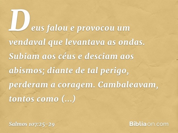 Deus falou e provocou um vendaval
que levantava as ondas. Subiam aos céus e desciam aos abismos;
diante de tal perigo, perderam a coragem. Cambaleavam, tontos c