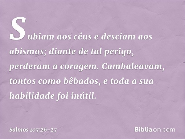 Subiam aos céus e desciam aos abismos;
diante de tal perigo, perderam a coragem. Cambaleavam, tontos como bêbados,
e toda a sua habilidade foi inútil. -- Salmo 