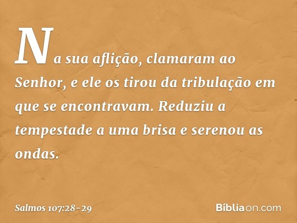 Na sua aflição, clamaram ao Senhor,
e ele os tirou da tribulação
em que se encontravam. Reduziu a tempestade a uma brisa
e serenou as ondas. -- Salmo 107:28-29