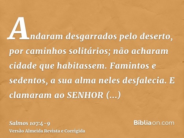 Andaram desgarrados pelo deserto, por caminhos solitários; não acharam cidade que habitassem.Famintos e sedentos, a sua alma neles desfalecia.E clamaram ao SENH