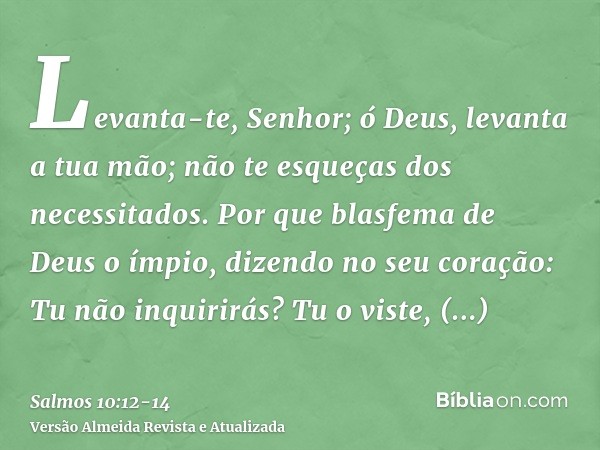 Levanta-te, Senhor; ó Deus, levanta a tua mão; não te esqueças dos necessitados.Por que blasfema de Deus o ímpio, dizendo no seu coração: Tu não inquirirás?Tu o