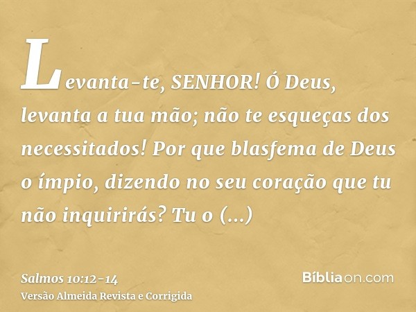 Levanta-te, SENHOR! Ó Deus, levanta a tua mão; não te esqueças dos necessitados!Por que blasfema de Deus o ímpio, dizendo no seu coração que tu não inquirirás?T