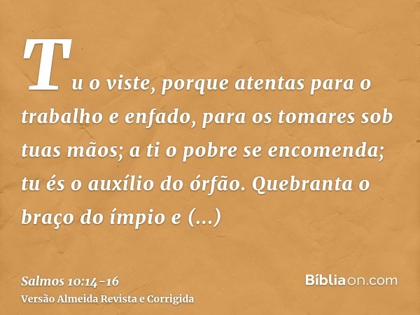 Tu o viste, porque atentas para o trabalho e enfado, para os tomares sob tuas mãos; a ti o pobre se encomenda; tu és o auxílio do órfão.Quebranta o braço do ímp