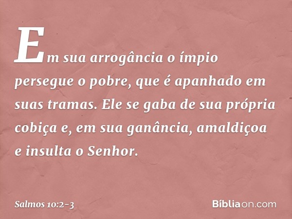 Em sua arrogância o ímpio persegue o pobre,
que é apanhado em suas tramas. Ele se gaba de sua própria cobiça
e, em sua ganância,
amaldiçoa e insulta o Senhor. -