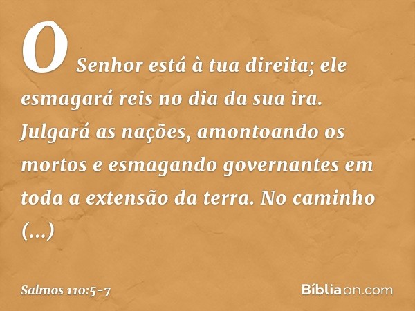 O Senhor está à tua direita;
ele esmagará reis no dia da sua ira. Julgará as nações, amontoando os mortos
e esmagando governantes
em toda a extensão da terra. N
