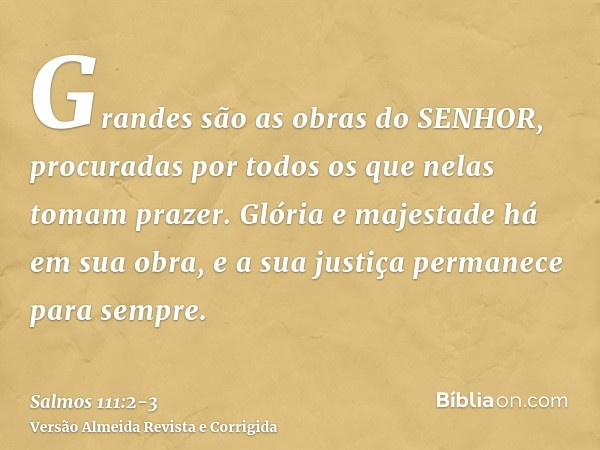 Grandes são as obras do SENHOR, procuradas por todos os que nelas tomam prazer.Glória e majestade há em sua obra, e a sua justiça permanece para sempre.
