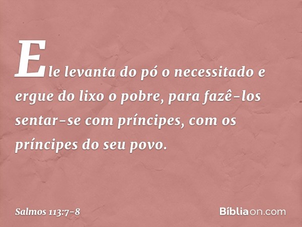 Ele levanta do pó o necessitado
e ergue do lixo o pobre, para fazê-los sentar-se com príncipes,
com os príncipes do seu povo. -- Salmo 113:7-8