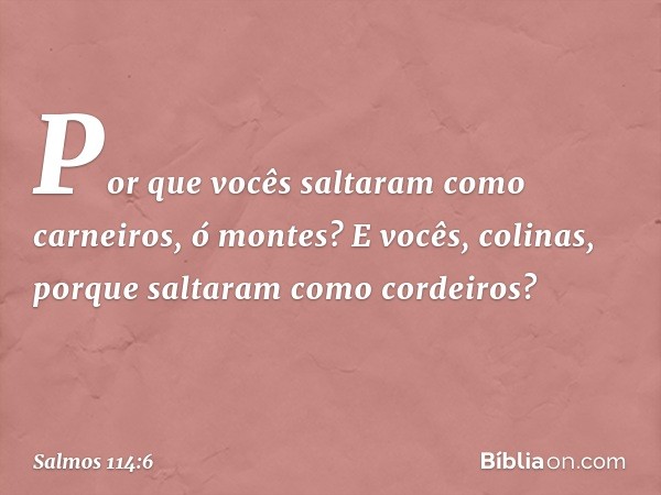 Por que vocês saltaram como carneiros,
ó montes?
E vocês, colinas, porque saltaram
como cordeiros? -- Salmo 114:6