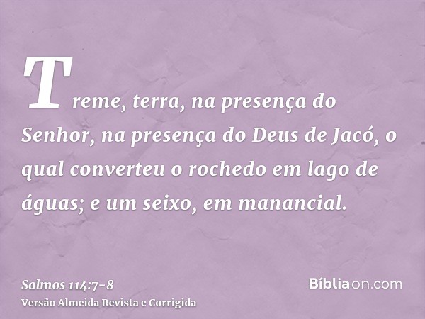 Treme, terra, na presença do Senhor, na presença do Deus de Jacó,o qual converteu o rochedo em lago de águas; e um seixo, em manancial.