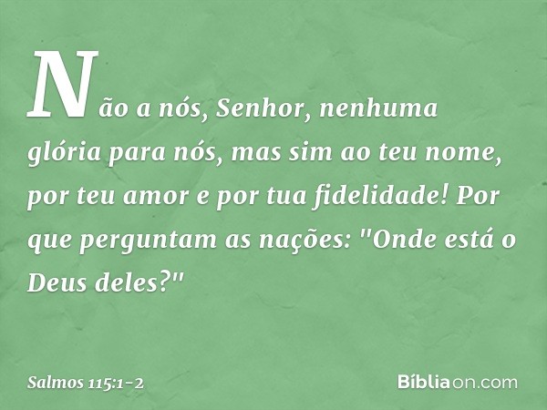 Não a nós, Senhor, nenhuma glória para nós,
mas sim ao teu nome,
por teu amor e por tua fidelidade! Por que perguntam as nações:
"Onde está o Deus deles?" -- Sa