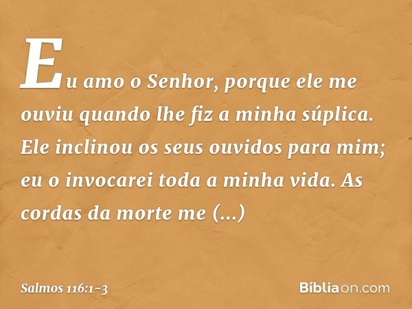 Eu amo o Senhor, porque ele me ouviu
quando lhe fiz a minha súplica. Ele inclinou os seus ouvidos para mim;
eu o invocarei toda a minha vida. As cordas da morte