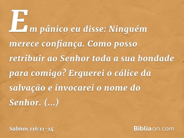 Em pânico eu disse:
Ninguém merece confiança. Como posso retribuir ao Senhor
toda a sua bondade para comigo? Erguerei o cálice da salvação
e invocarei o nome do