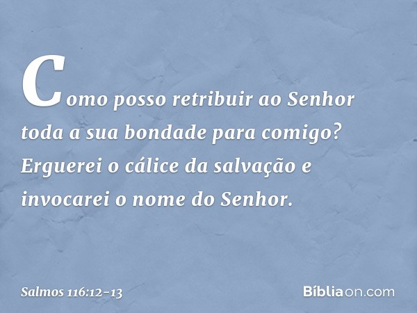 Como posso retribuir ao Senhor
toda a sua bondade para comigo? Erguerei o cálice da salvação
e invocarei o nome do Senhor. -- Salmo 116:12-13