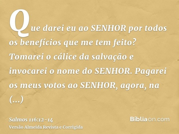 Que darei eu ao SENHOR por todos os benefícios que me tem feito?Tomarei o cálice da salvação e invocarei o nome do SENHOR.Pagarei os meus votos ao SENHOR, agora