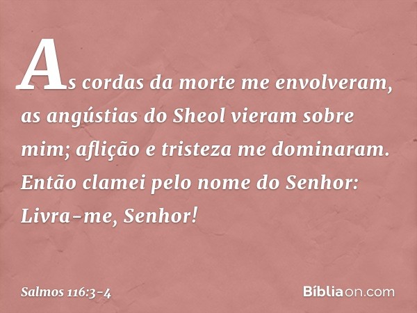 As cordas da morte me envolveram,
as angústias do Sheol vieram sobre mim;
aflição e tristeza me dominaram. Então clamei pelo nome do Senhor:
Livra-me, Senhor! -