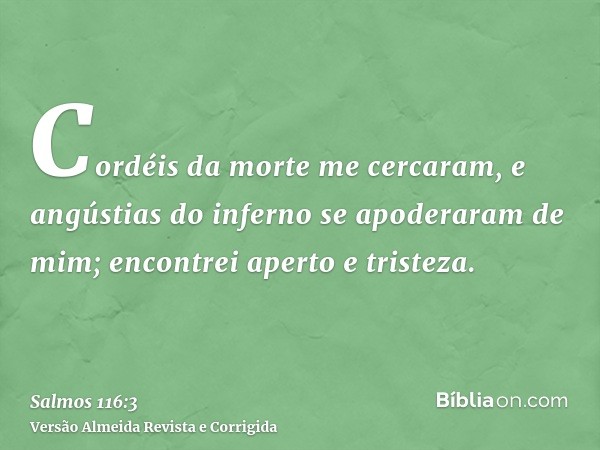 Cordéis da morte me cercaram, e angústias do inferno se apoderaram de mim; encontrei aperto e tristeza.