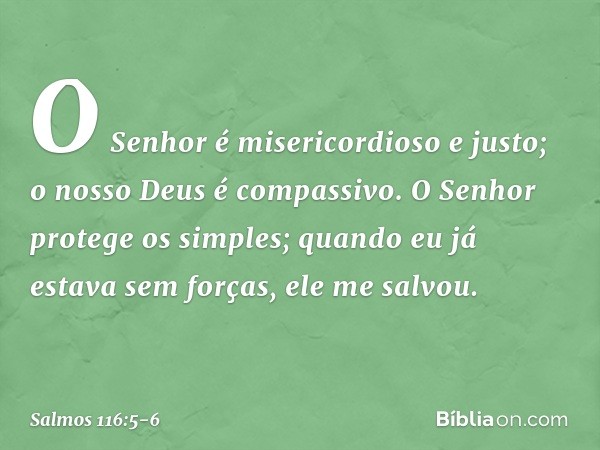 O Senhor é misericordioso e justo;
o nosso Deus é compassivo. O Senhor protege os simples;
quando eu já estava sem forças, ele me salvou. -- Salmo 116:5-6