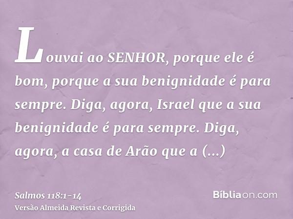 Louvai ao SENHOR, porque ele é bom, porque a sua benignidade é para sempre.Diga, agora, Israel que a sua benignidade é para sempre.Diga, agora, a casa de Arão q