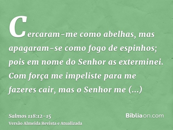 Cercaram-me como abelhas, mas apagaram-se como fogo de espinhos; pois em nome do Senhor as exterminei.Com força me impeliste para me fazeres cair, mas o Senhor 