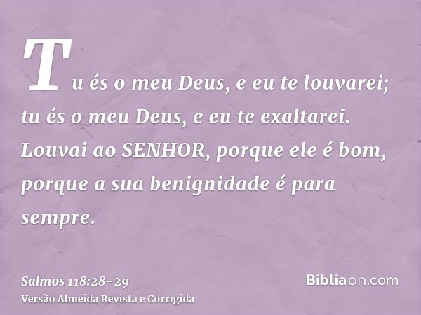 Tu és o meu Deus, e eu te louvarei; tu és o meu Deus, e eu te exaltarei.Louvai ao SENHOR, porque ele é bom, porque a sua benignidade é para sempre.