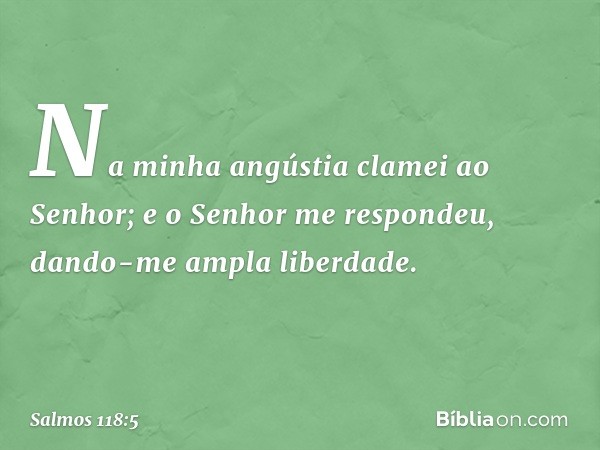 Na minha angústia clamei ao Senhor;
e o Senhor me respondeu,
dando-me ampla liberdade. -- Salmo 118:5