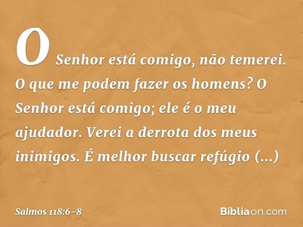 O Senhor está comigo, não temerei.
O que me podem fazer os homens? O Senhor está comigo;
ele é o meu ajudador.
Verei a derrota dos meus inimigos. É melhor busca