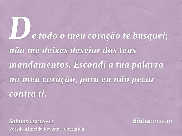 De todo o meu coração te busquei; não me deixes desviar dos teus mandamentos.Escondi a tua palavra no meu coração, para eu não pecar contra ti.