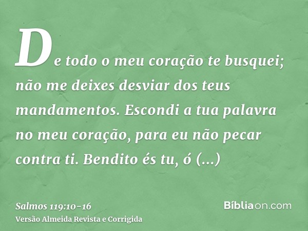 De todo o meu coração te busquei; não me deixes desviar dos teus mandamentos.Escondi a tua palavra no meu coração, para eu não pecar contra ti.Bendito és tu, ó 