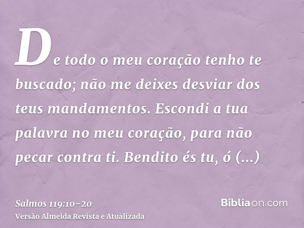 De todo o meu coração tenho te buscado; não me deixes desviar dos teus mandamentos.Escondi a tua palavra no meu coração, para não pecar contra ti.Bendito és tu,