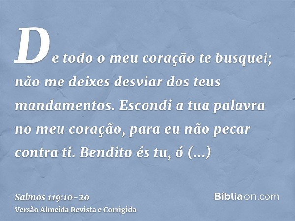 De todo o meu coração te busquei; não me deixes desviar dos teus mandamentos.Escondi a tua palavra no meu coração, para eu não pecar contra ti.Bendito és tu, ó 