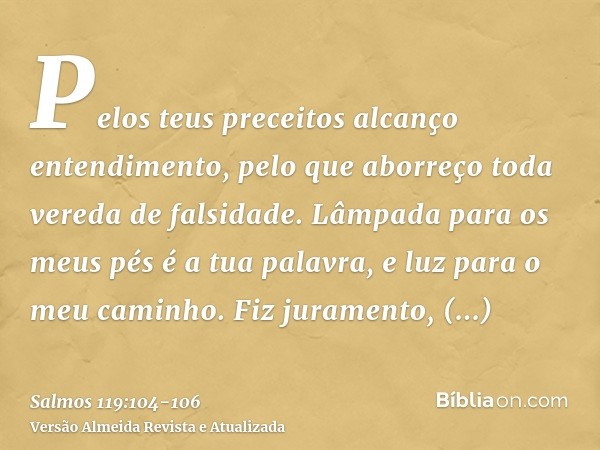 Pelos teus preceitos alcanço entendimento, pelo que aborreço toda vereda de falsidade.Lâmpada para os meus pés é a tua palavra, e luz para o meu caminho.Fiz jur