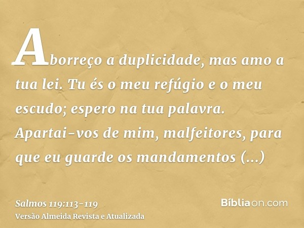 Aborreço a duplicidade, mas amo a tua lei.Tu és o meu refúgio e o meu escudo; espero na tua palavra.Apartai-vos de mim, malfeitores, para que eu guarde os manda