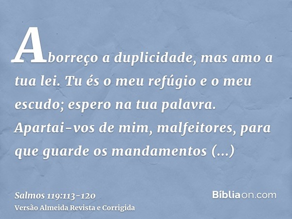 Aborreço a duplicidade, mas amo a tua lei.Tu és o meu refúgio e o meu escudo; espero na tua palavra.Apartai-vos de mim, malfeitores, para que guarde os mandamen