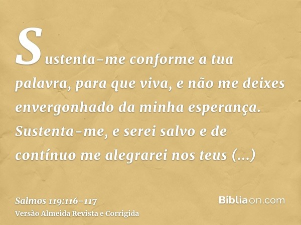 Sustenta-me conforme a tua palavra, para que viva, e não me deixes envergonhado da minha esperança.Sustenta-me, e serei salvo e de contínuo me alegrarei nos teu